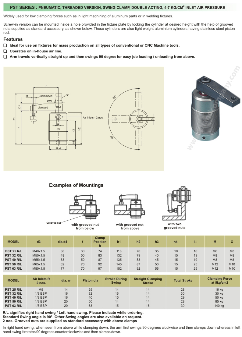 PNEUMATIC, THREADED VERSION, SWING CLAMP